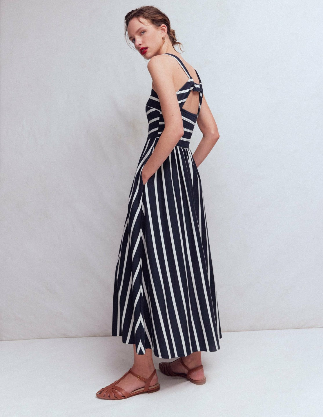 Saoirse Smocked Jersey Dress-Navy, Ivory Stripe / Boden