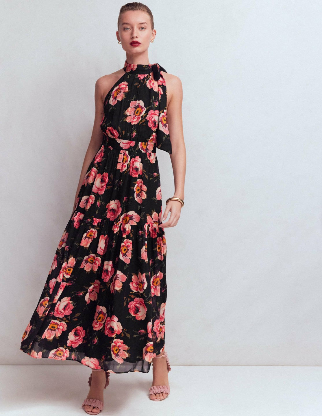 Roisin Tie Neck Maxi Dress-Black Whimsical Roses / Boden Online