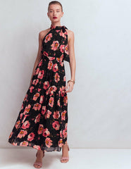 Roisin Tie Neck Maxi Dress-Black Whimsical Roses / Boden Online