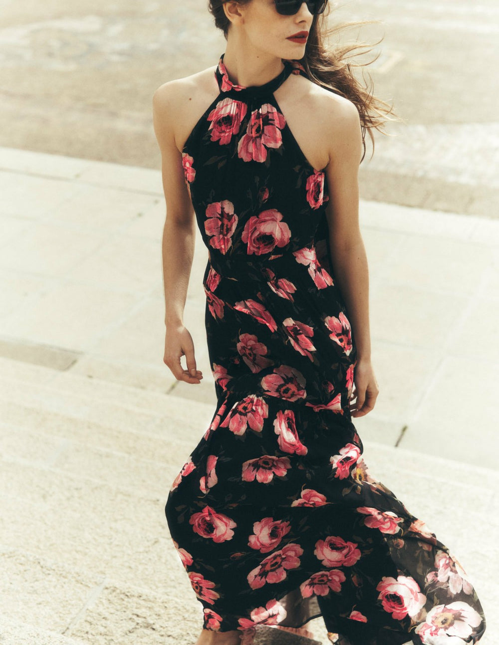 Roisin Tie Neck Maxi Dress-Black Whimsical Roses / Boden Online