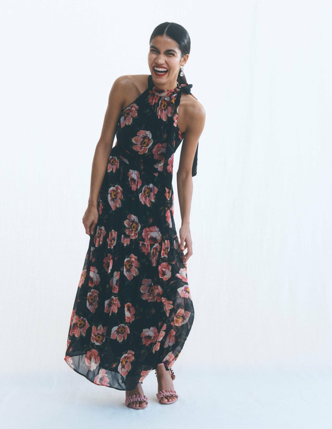 Roisin Tie Neck Maxi Dress-Black Whimsical Roses / Boden Online
