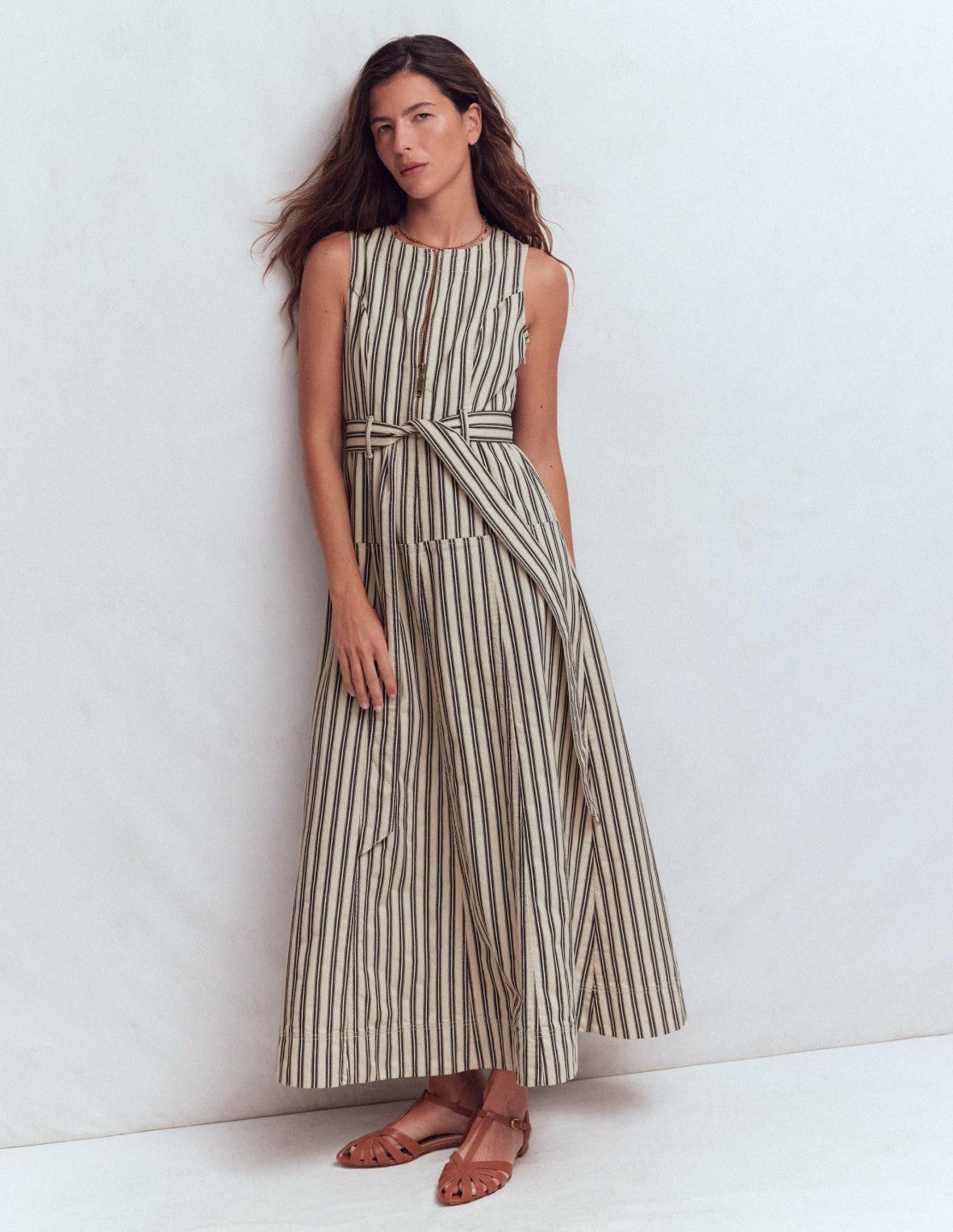 Sleeveless Zip Denim Dress-Ivory and Navy Stripe / Boden On sale