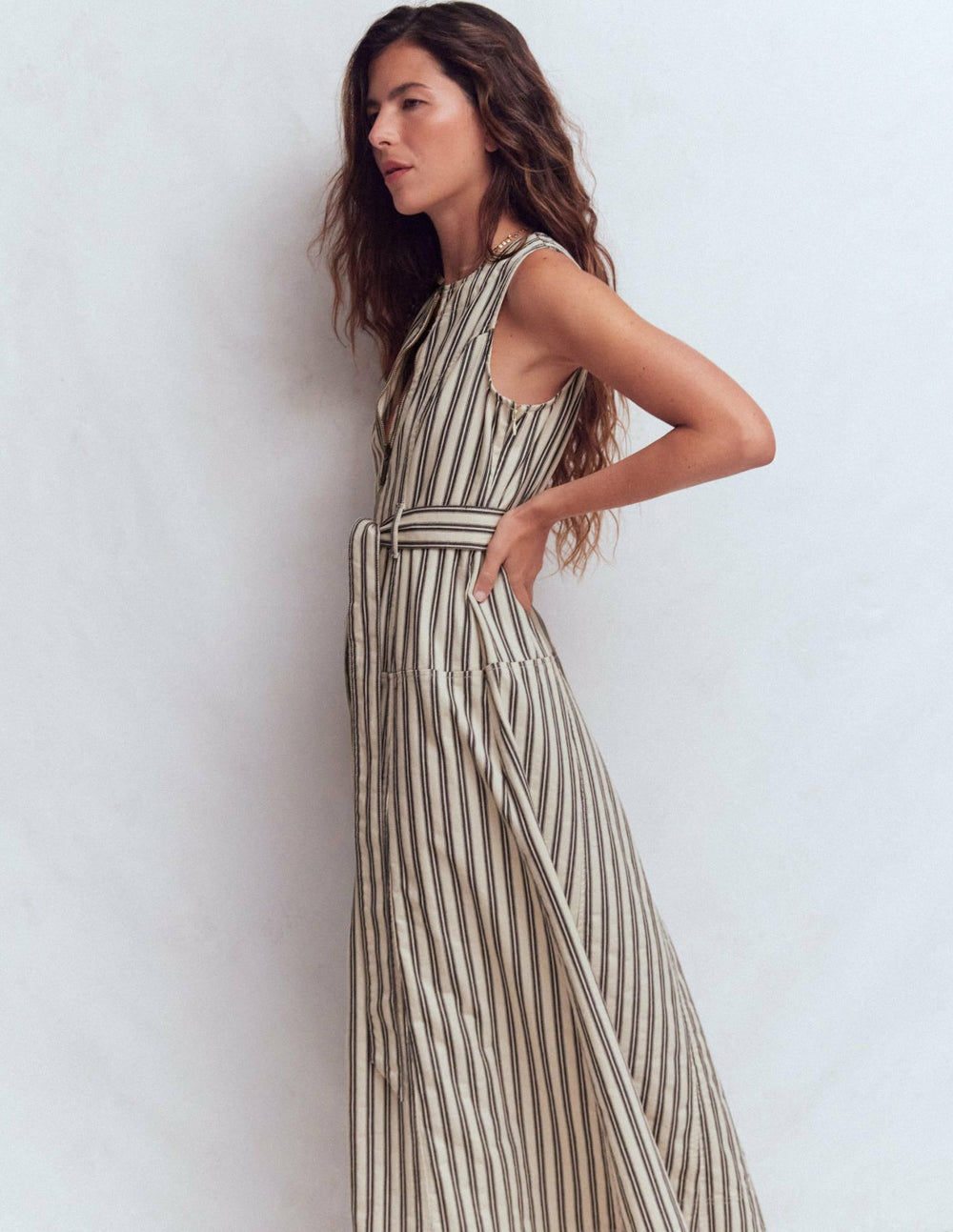 Sleeveless Zip Denim Dress-Ivory and Navy Stripe / Boden On sale