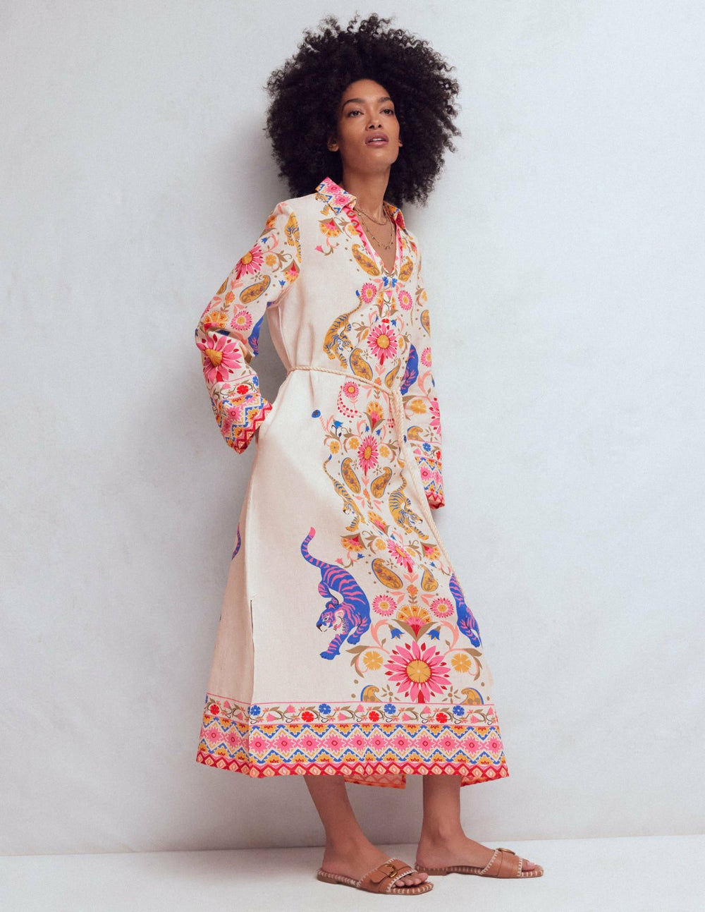 Notch Collar Linen Blend Tunic-Multi Tiger Tapestry / Boden