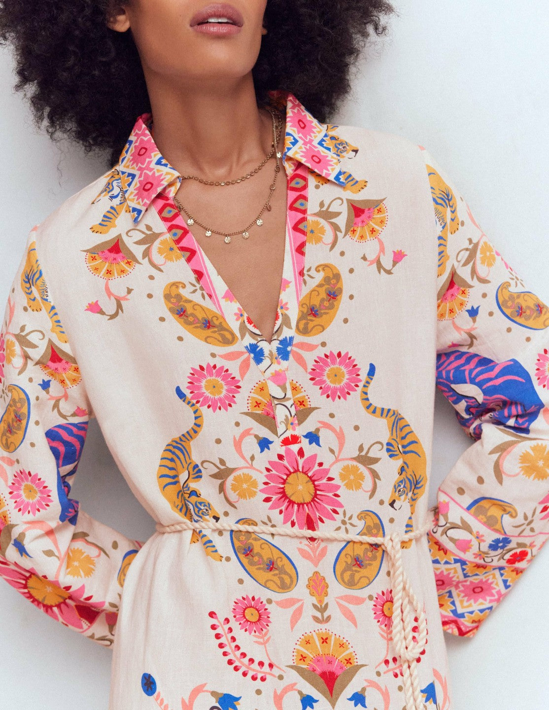 Notch Collar Linen Blend Tunic-Multi Tiger Tapestry / Boden