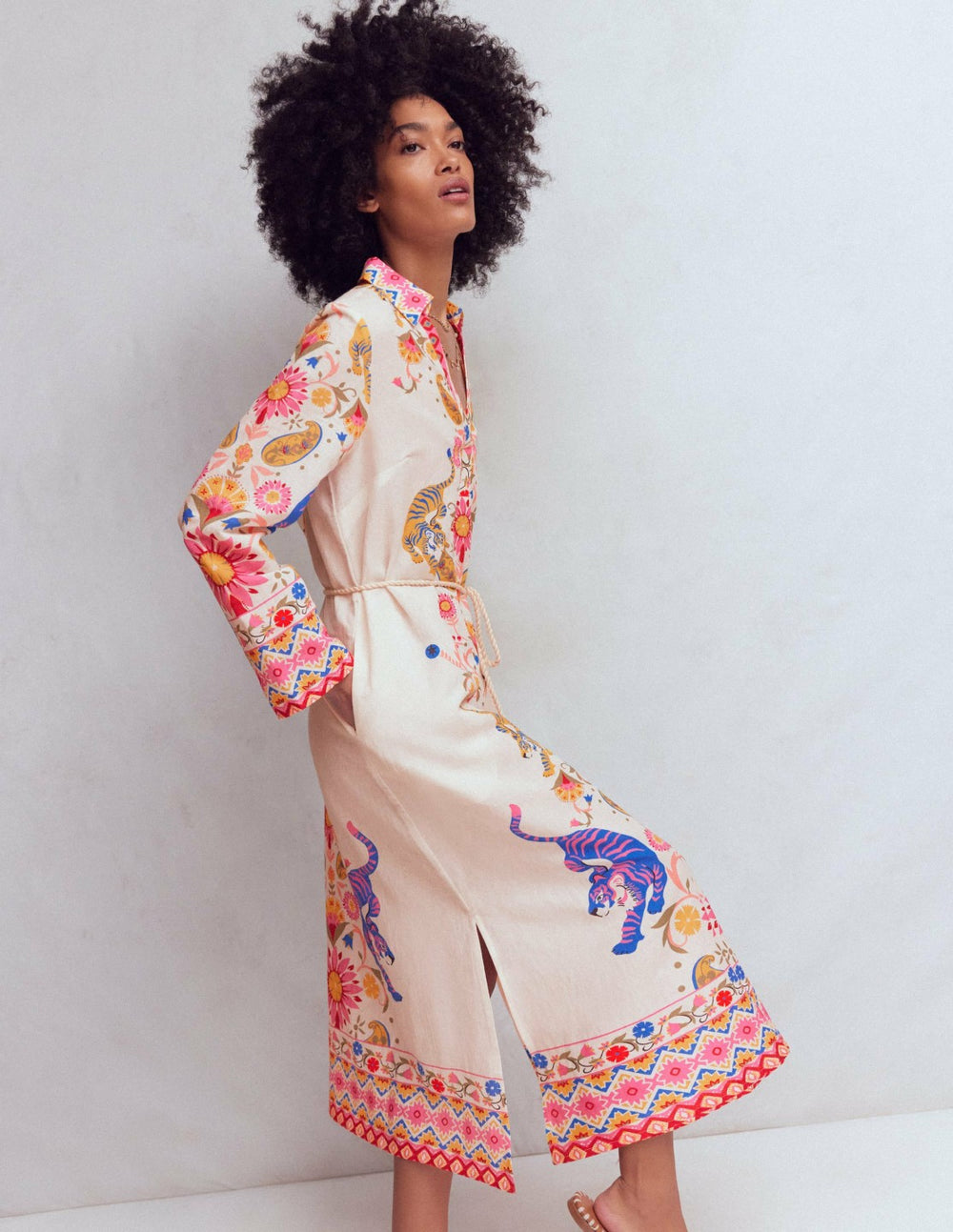 Notch Collar Linen Blend Tunic-Multi Tiger Tapestry / Boden