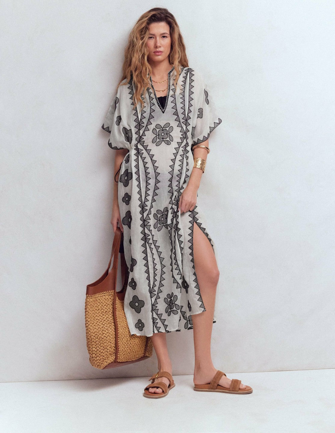 Side Tie Kaftan Dress-White Black Embroidered / Boden Sale