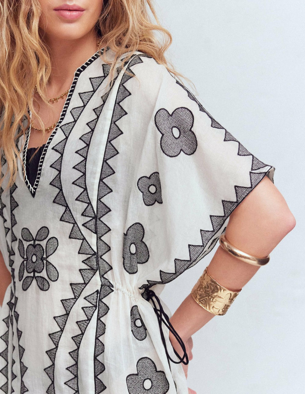 Side Tie Kaftan Dress-White Black Embroidered / Boden Sale