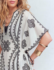 Side Tie Kaftan Dress-White Black Embroidered / Boden Sale