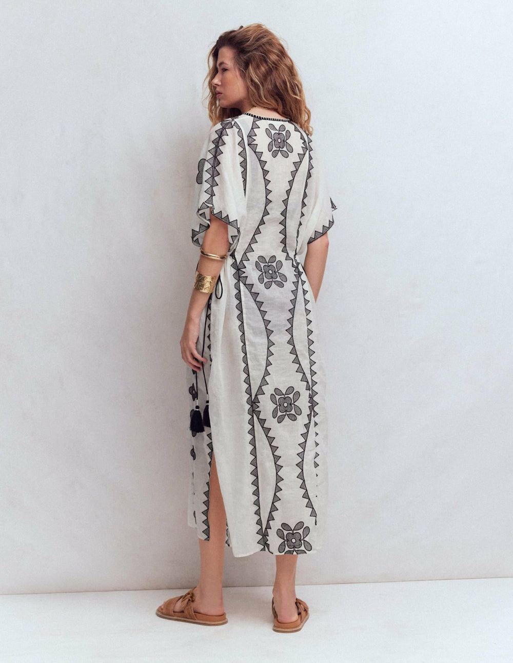 Side Tie Kaftan Dress-White Black Embroidered / Boden Sale
