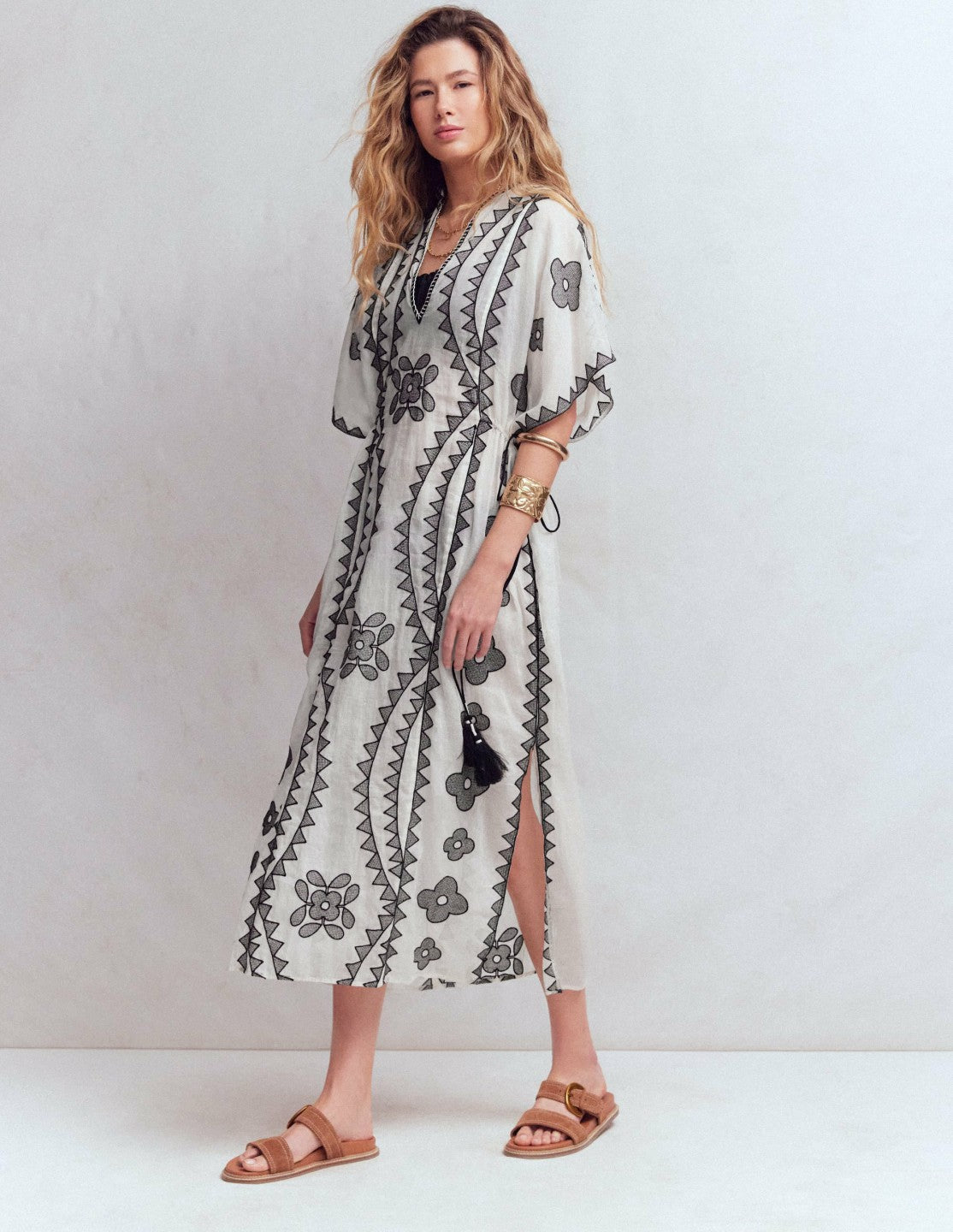 Side Tie Kaftan Dress-White Black Embroidered / Boden Sale