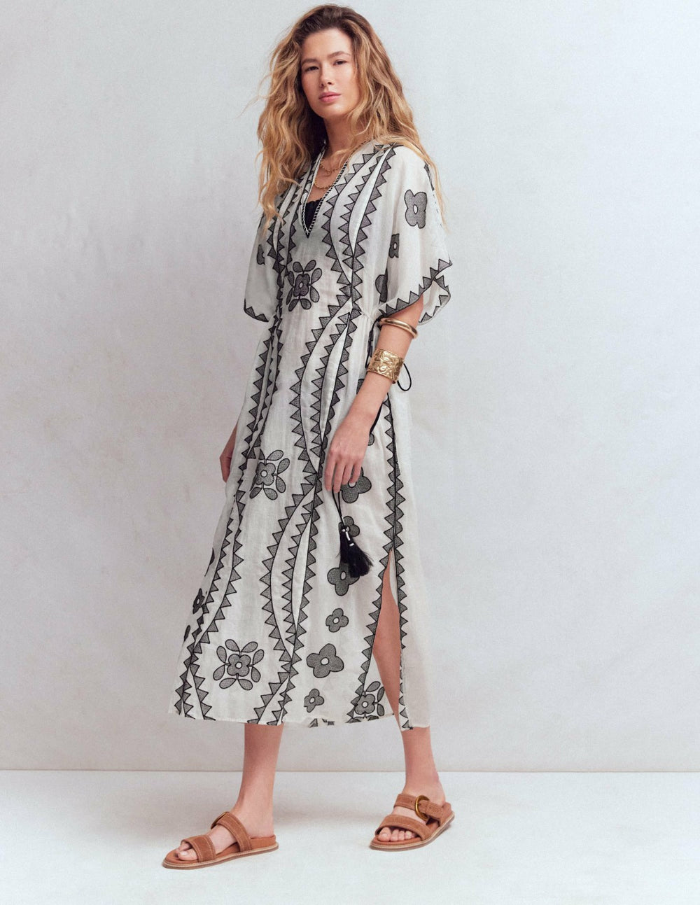 Side Tie Kaftan Dress-White Black Embroidered / Boden Sale