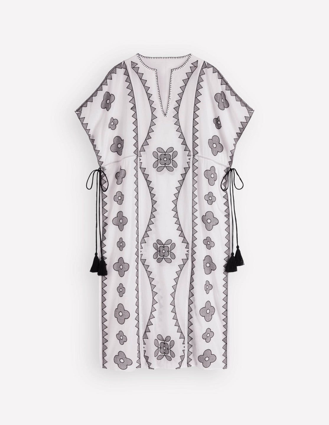 Side Tie Kaftan Dress-White Black Embroidered / Boden Sale