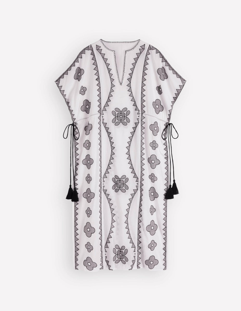 Side Tie Kaftan Dress-White Black Embroidered / Boden Sale