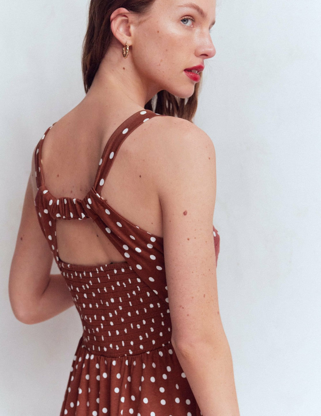Saoirse Smocked Jersey Dress-Roasted Brown, Painted Dot / Boden us