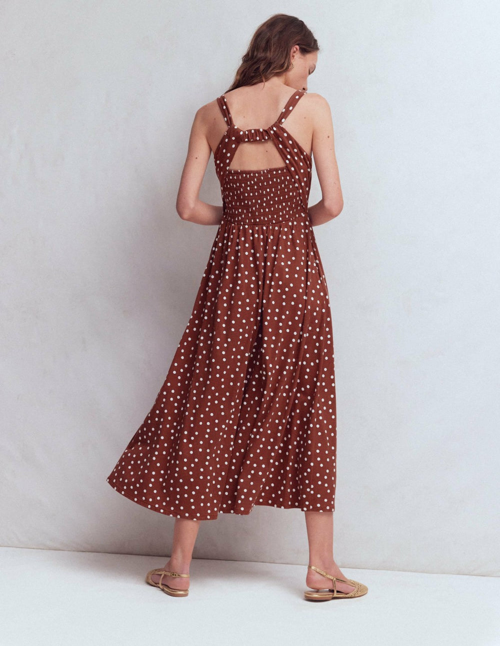 Saoirse Smocked Jersey Dress-Roasted Brown, Painted Dot / Boden us