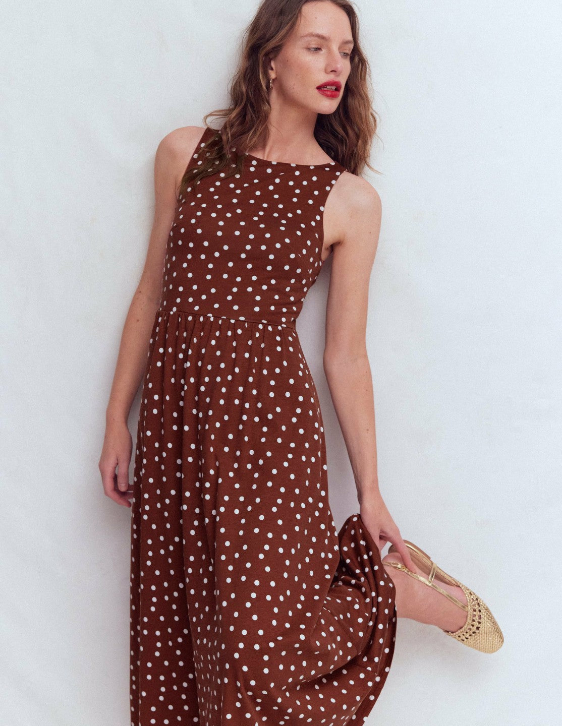 Saoirse Smocked Jersey Dress-Roasted Brown, Painted Dot / Boden us