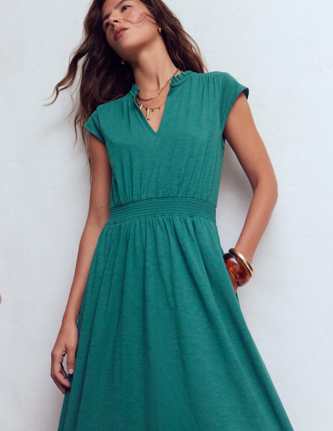 Alba Smocked Jersey Midi Dress-Drake Green / Boden