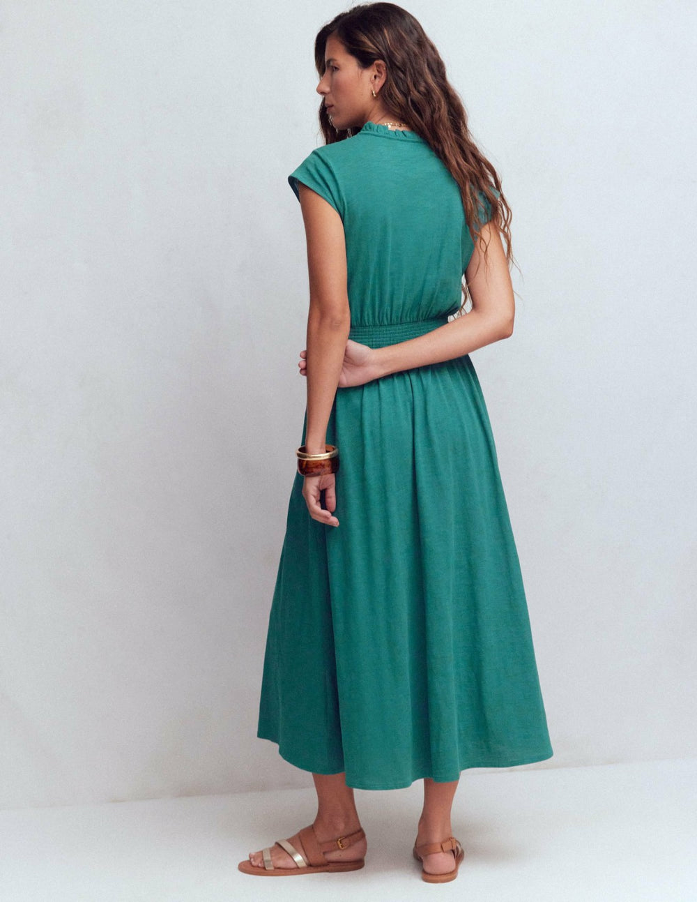 Alba Smocked Jersey Midi Dress-Drake Green / Boden