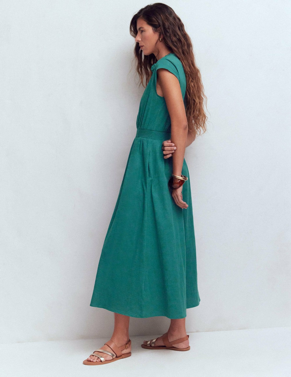 Alba Smocked Jersey Midi Dress-Drake Green / Boden