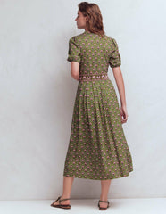 Amber Pleat Jersey Midi Dress-Olive, Flower Lattice / Boden