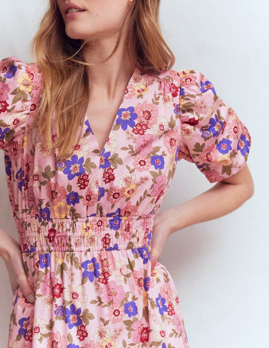 Irene Puff Sleeve Cotton Dress-Pink, Blossomy Garden / Boden Outlet