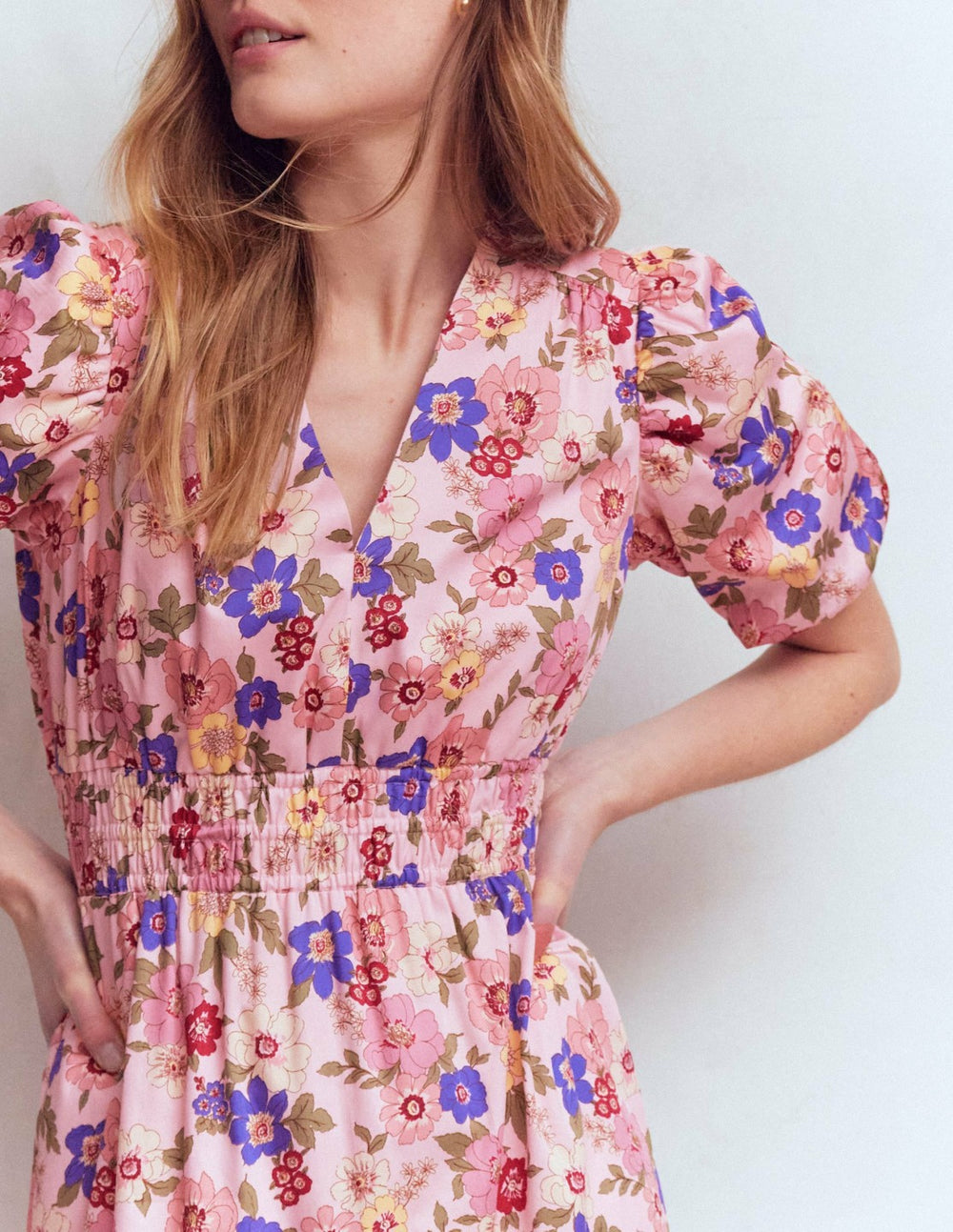 Irene Puff Sleeve Cotton Dress-Pink, Blossomy Garden / Boden Outlet