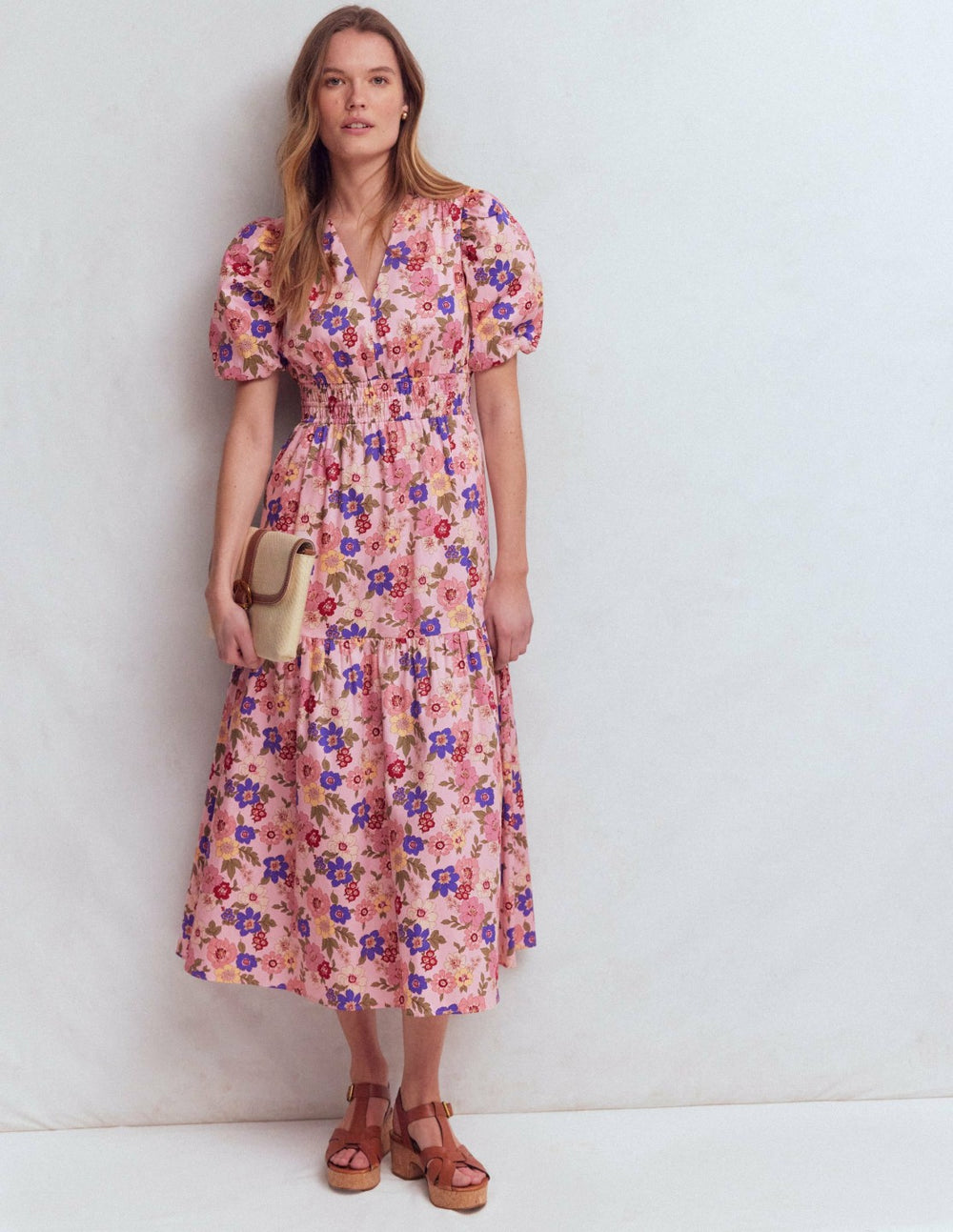Irene Puff Sleeve Cotton Dress-Pink, Blossomy Garden / Boden Outlet