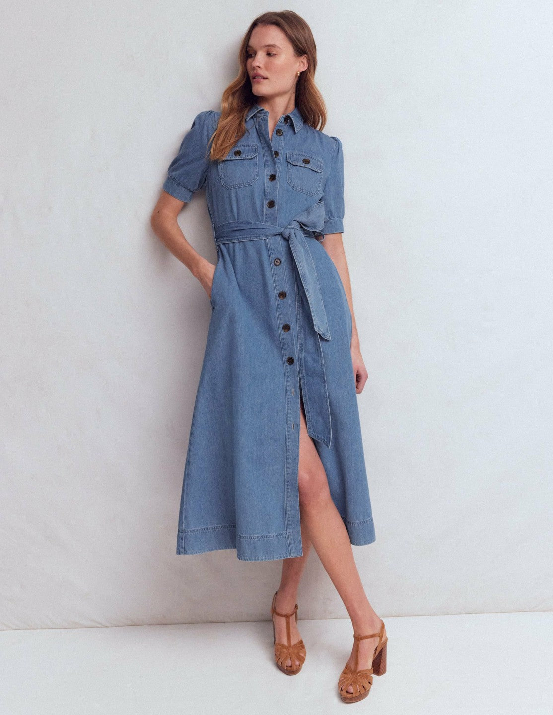 Puff Sleeve Denim Shirt Dress-Mid Vintage / Boden Outlet