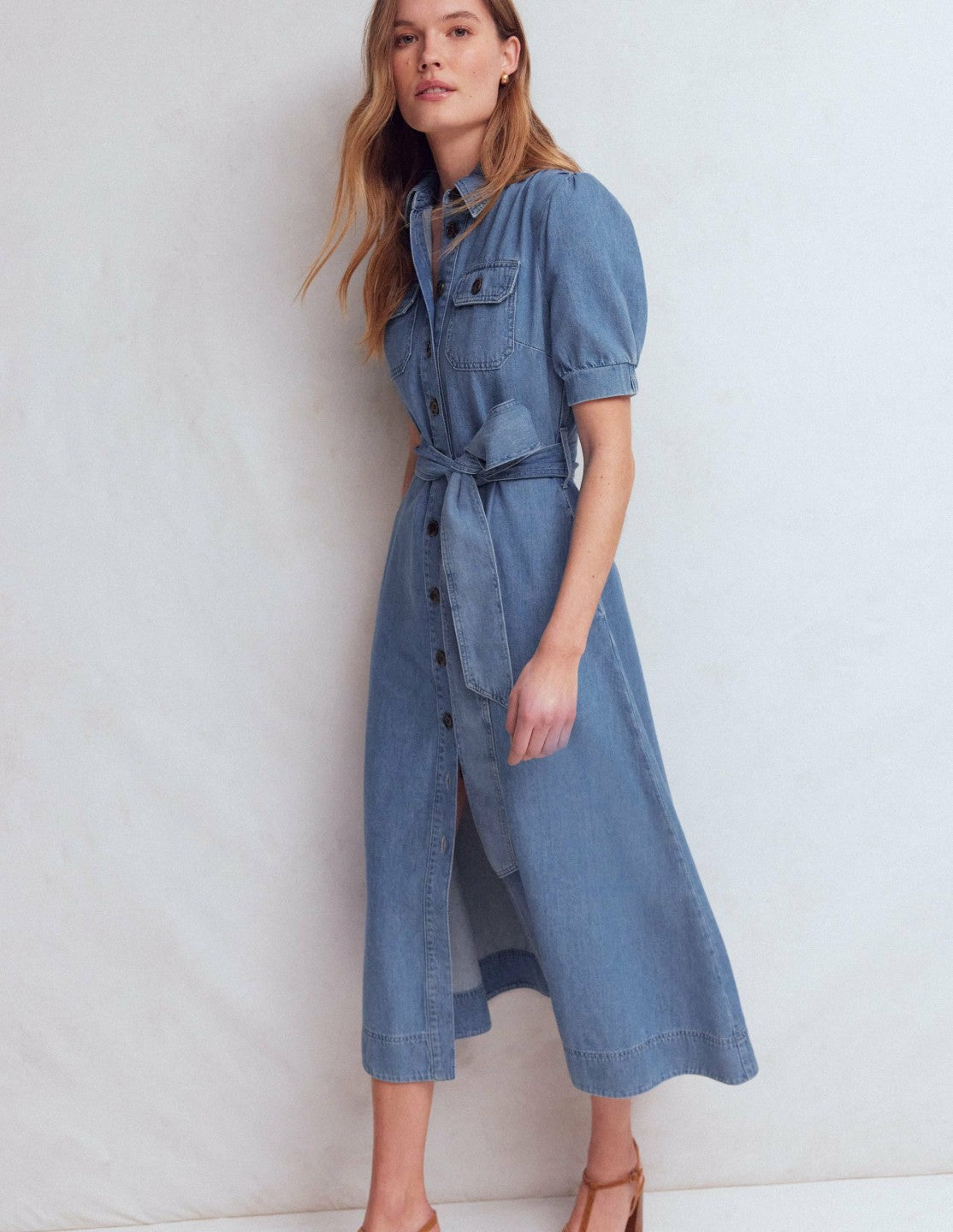 Puff Sleeve Denim Shirt Dress-Mid Vintage / Boden Outlet