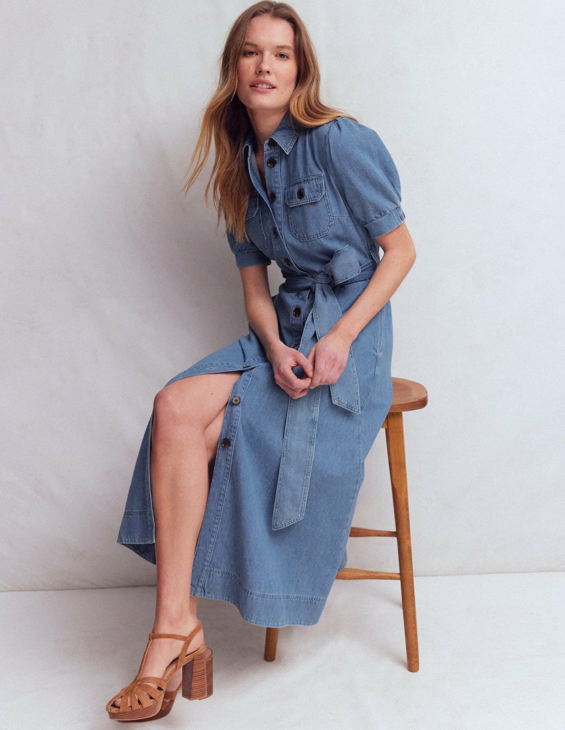 Puff Sleeve Denim Shirt Dress-Mid Vintage / Boden Outlet