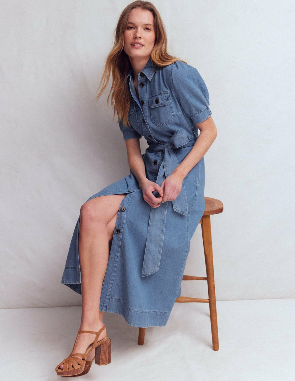 Puff Sleeve Denim Shirt Dress-Mid Vintage / Boden Outlet