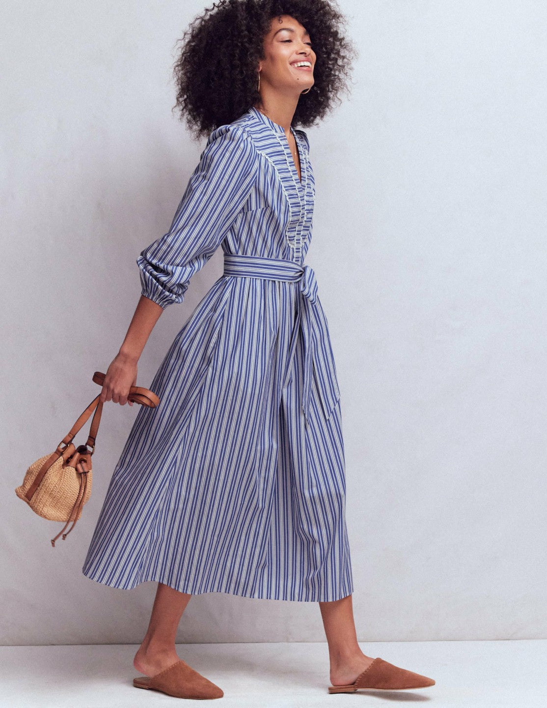 Cary Cotton Midi Dress-Bright Blue Varigated Stripe / Boden On sale
