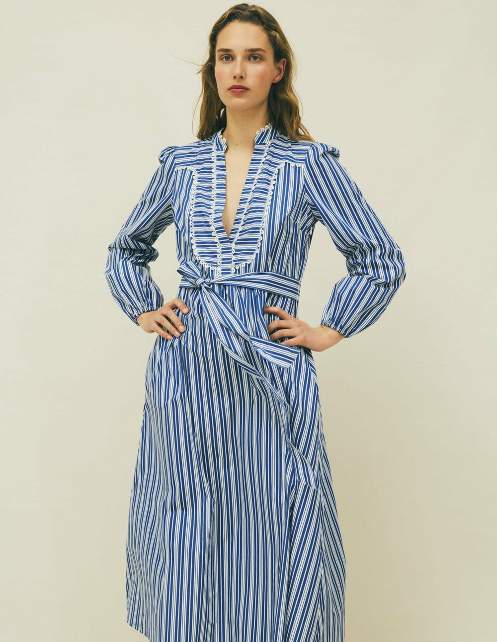 Cary Cotton Midi Dress-Bright Blue Varigated Stripe / Boden On sale