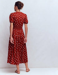 Amber Pleat Jersey Midi Dress-Burnt Orange, Painted Dot / Boden