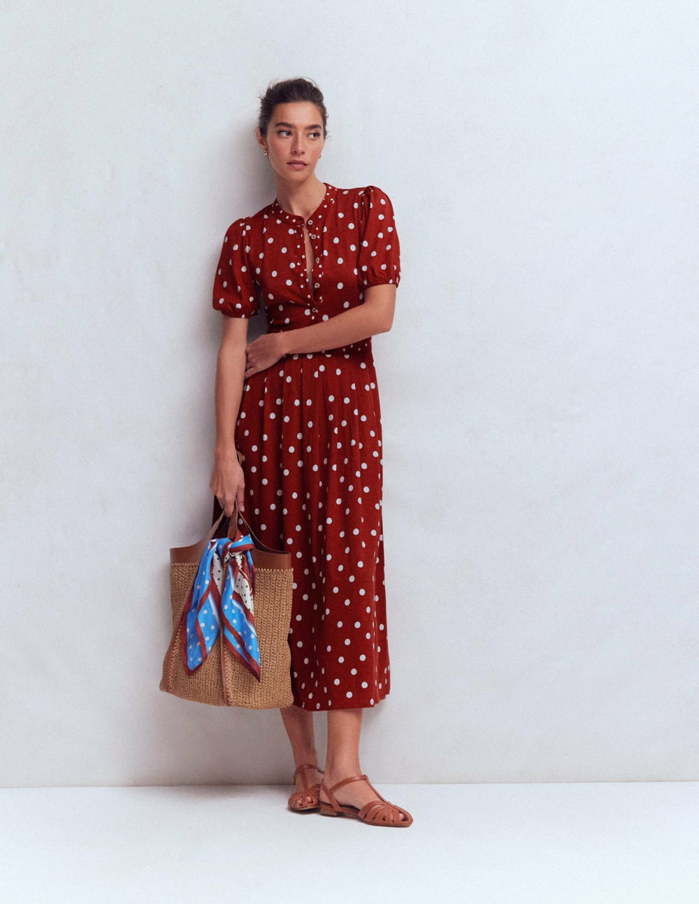 Amber Pleat Jersey Midi Dress-Burnt Orange, Painted Dot / Boden