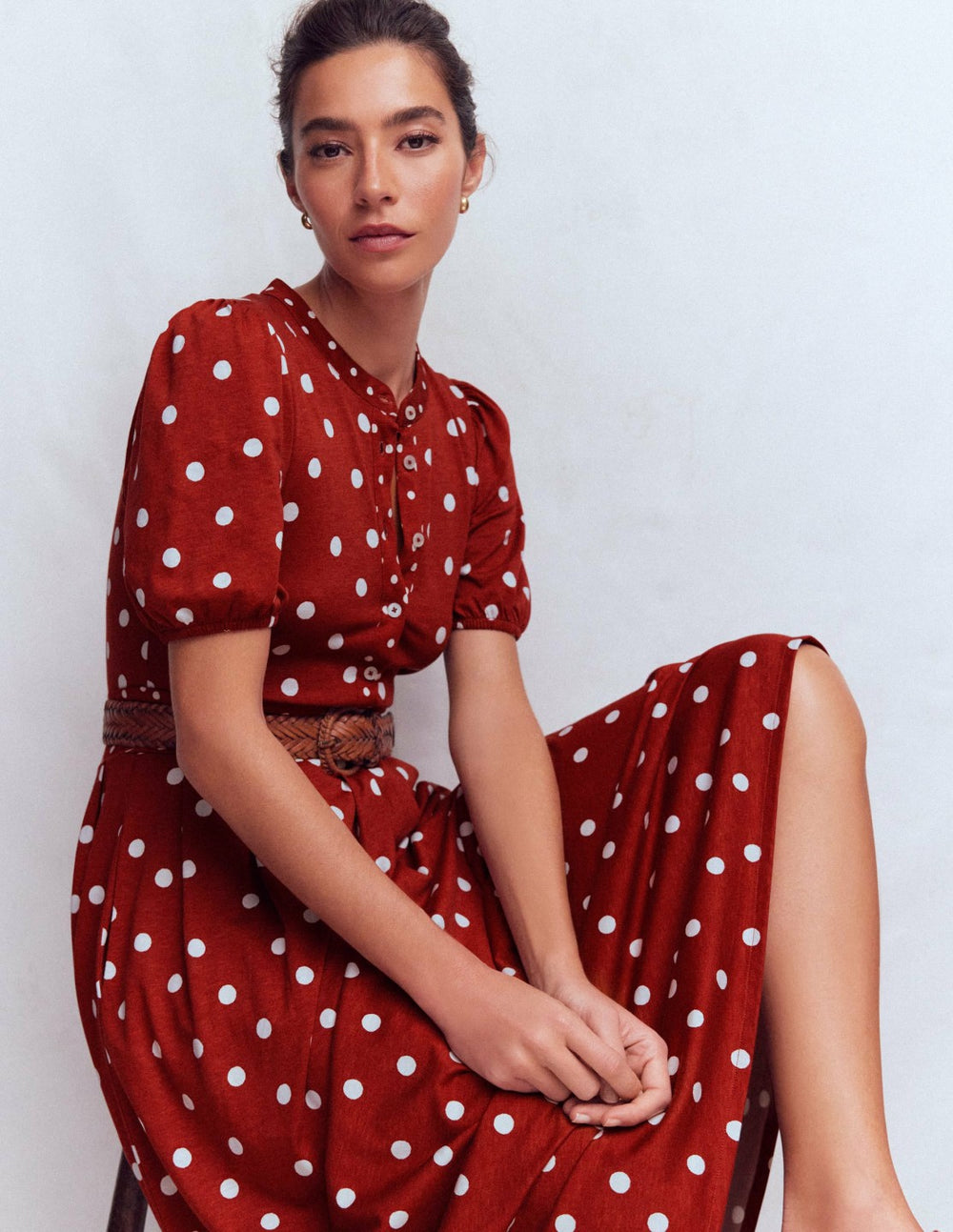 Amber Pleat Jersey Midi Dress-Burnt Orange, Painted Dot / Boden