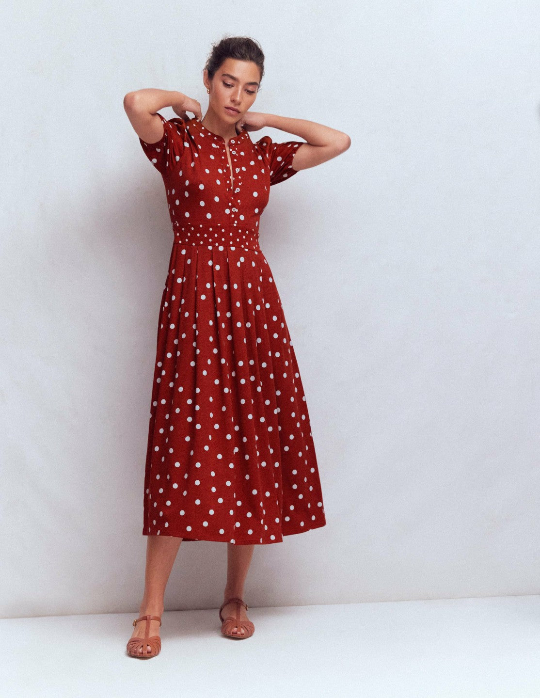 Amber Pleat Jersey Midi Dress-Burnt Orange, Painted Dot / Boden