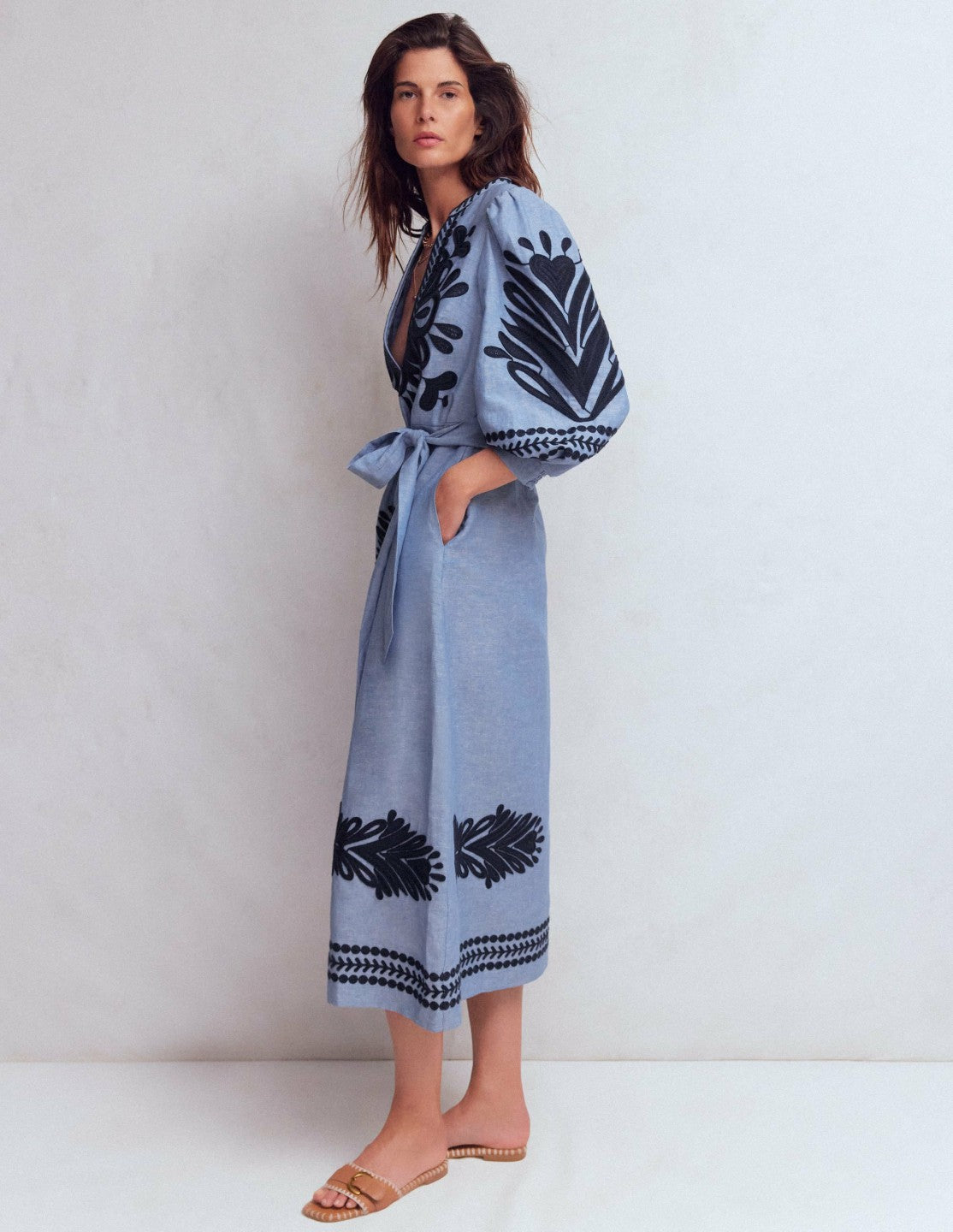 Octavia Linen Blend Dress-Embroidered Chambray / Boden Sale
