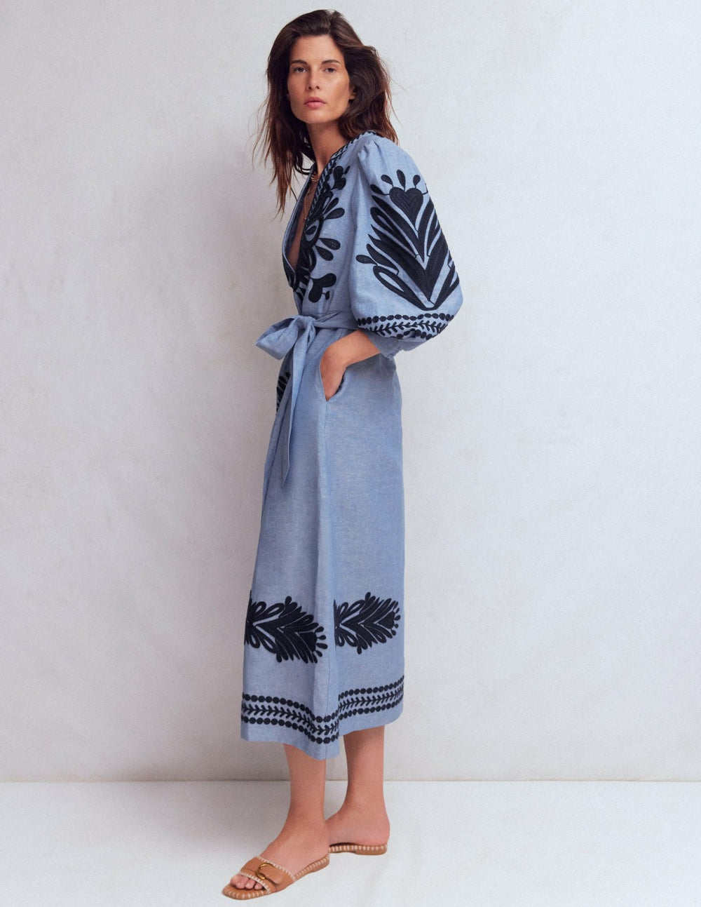 Octavia Linen Blend Dress-Embroidered Chambray / Boden Sale