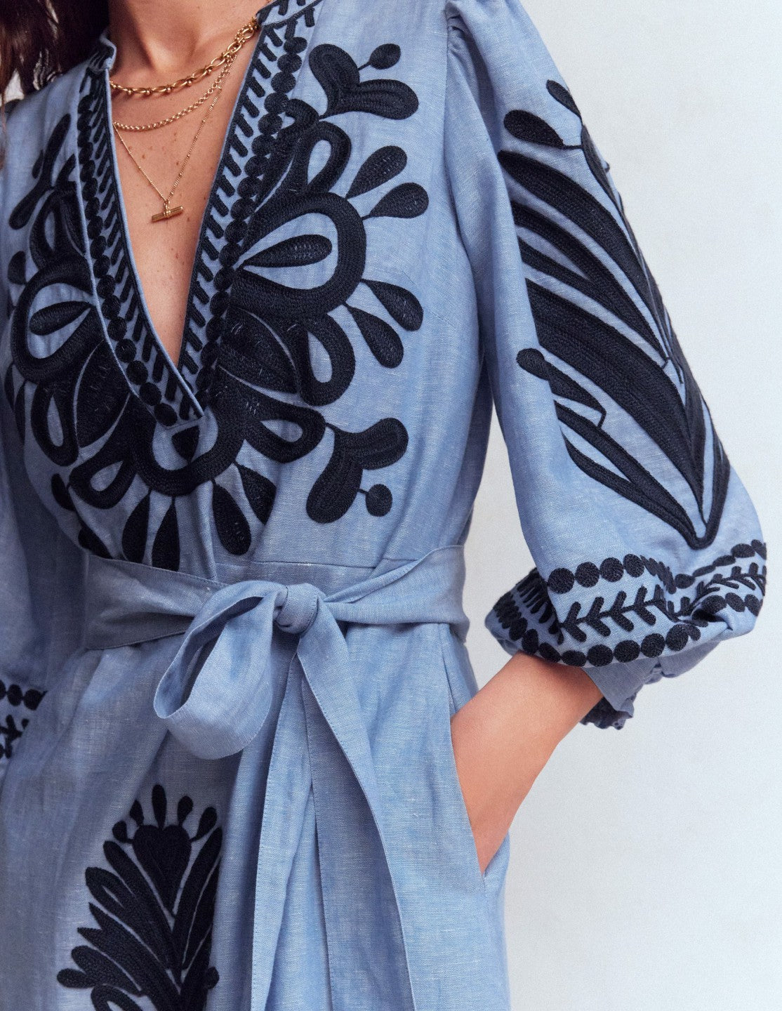 Octavia Linen Blend Dress-Embroidered Chambray / Boden Sale