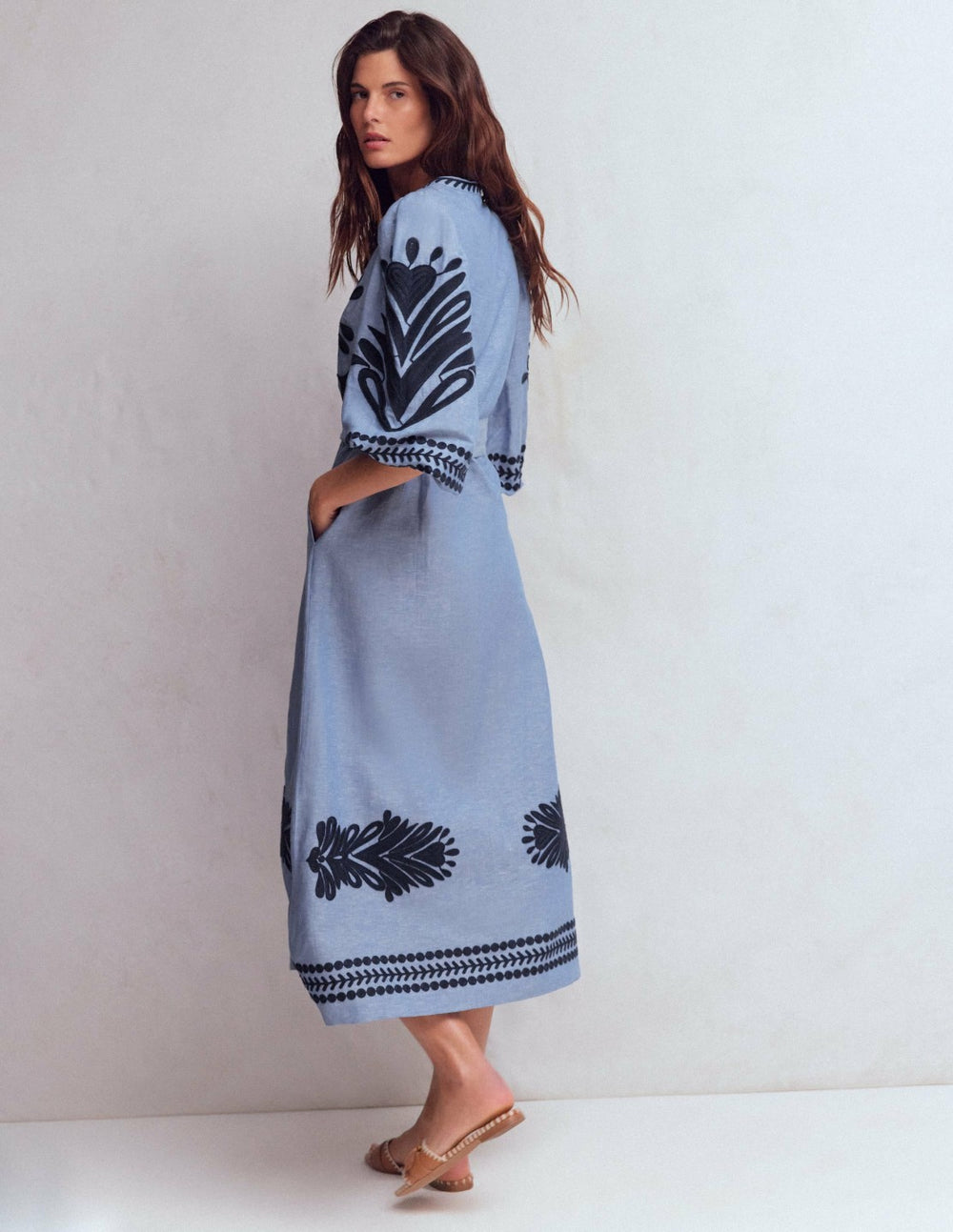 Octavia Linen Blend Dress-Embroidered Chambray / Boden Sale