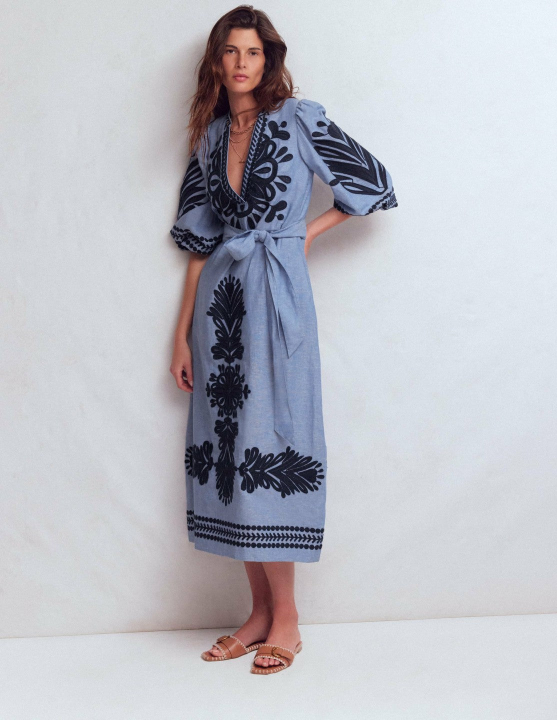 Octavia Linen Blend Dress-Embroidered Chambray / Boden Sale