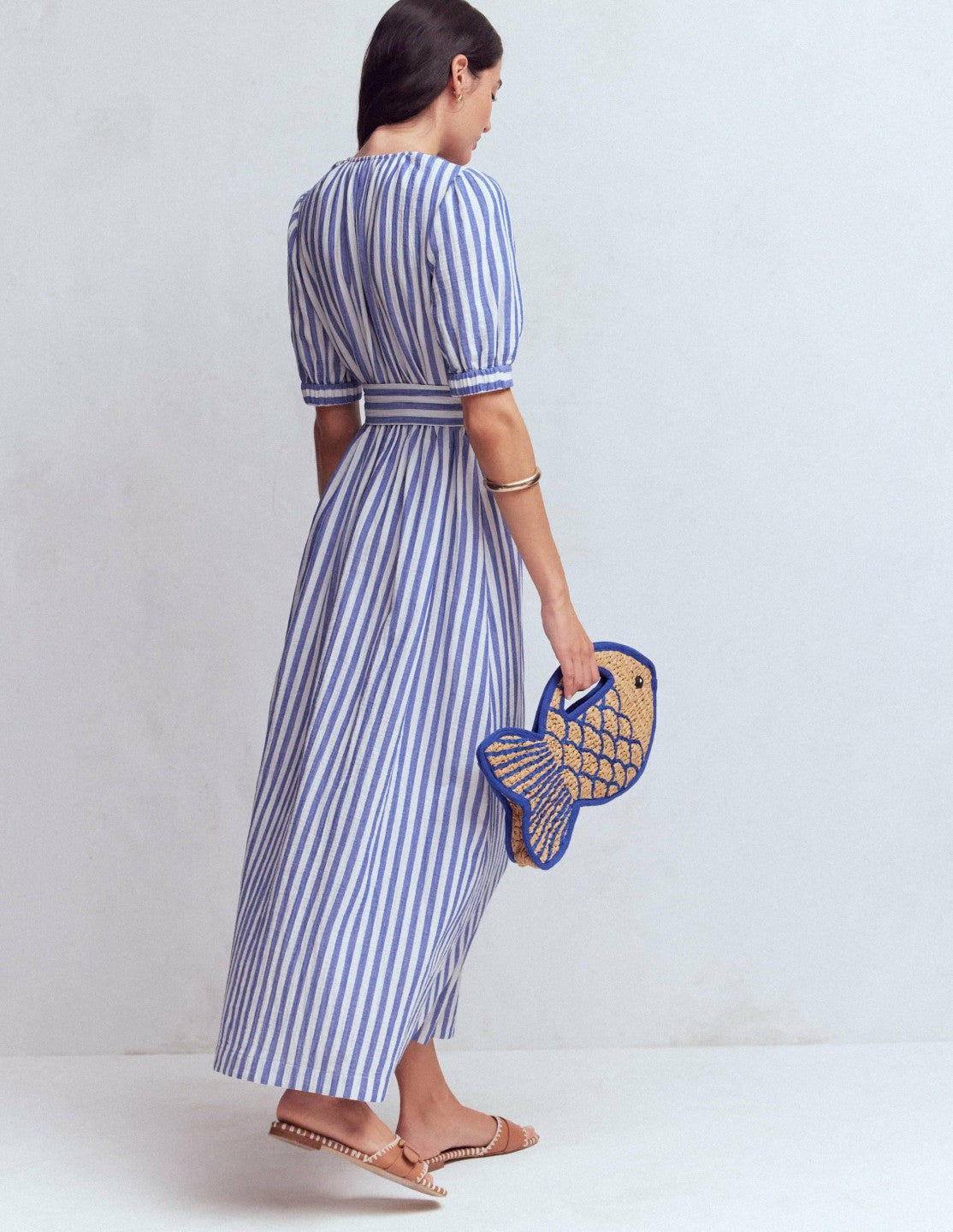 Double Cloth Puff Sleeve Dress-Blue Ivory Stripe / Boden Discount