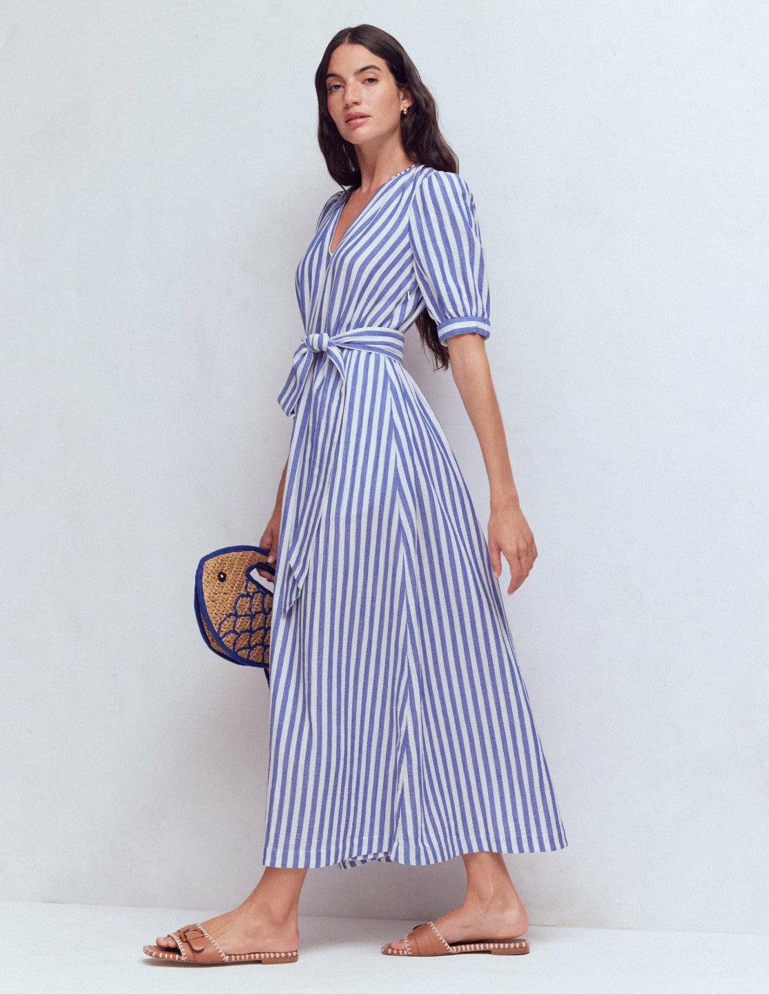 Double Cloth Puff Sleeve Dress-Blue Ivory Stripe / Boden Discount