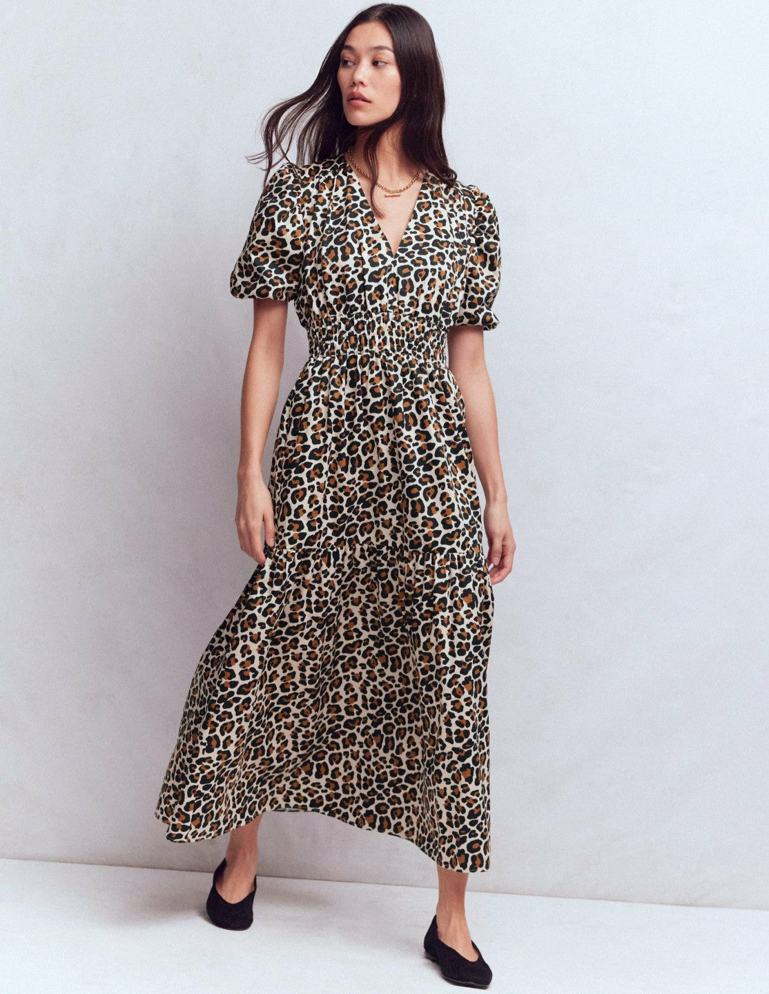 Irene Puff Sleeve Cotton Dress-Almond Milk, Cheetah Pop / Boden Sale