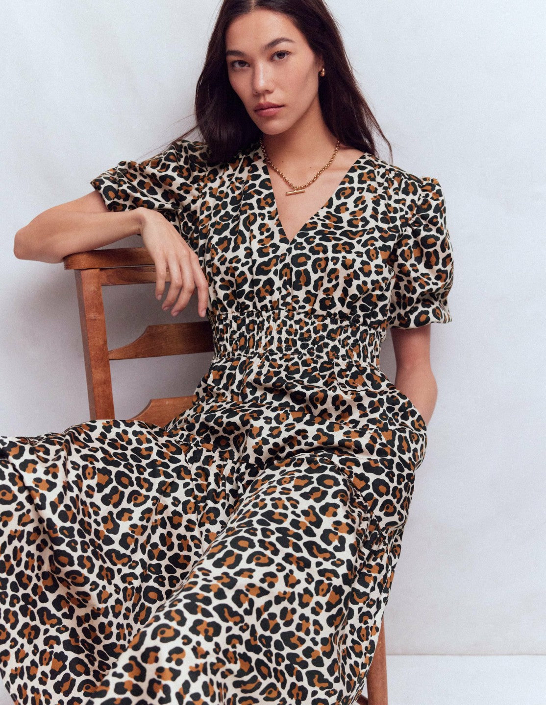 Irene Puff Sleeve Cotton Dress-Almond Milk, Cheetah Pop / Boden Sale