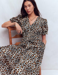 Irene Puff Sleeve Cotton Dress-Almond Milk, Cheetah Pop / Boden Sale