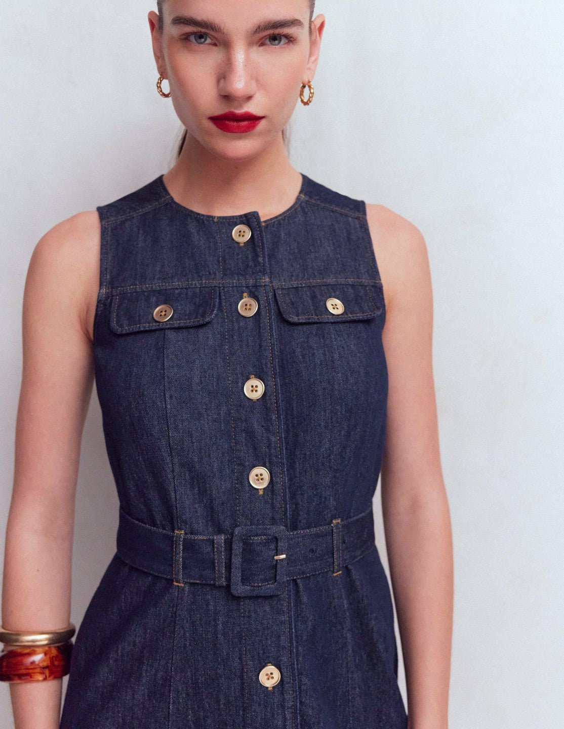 Gold Button Denim Midi Dress-Indigo / Boden Online