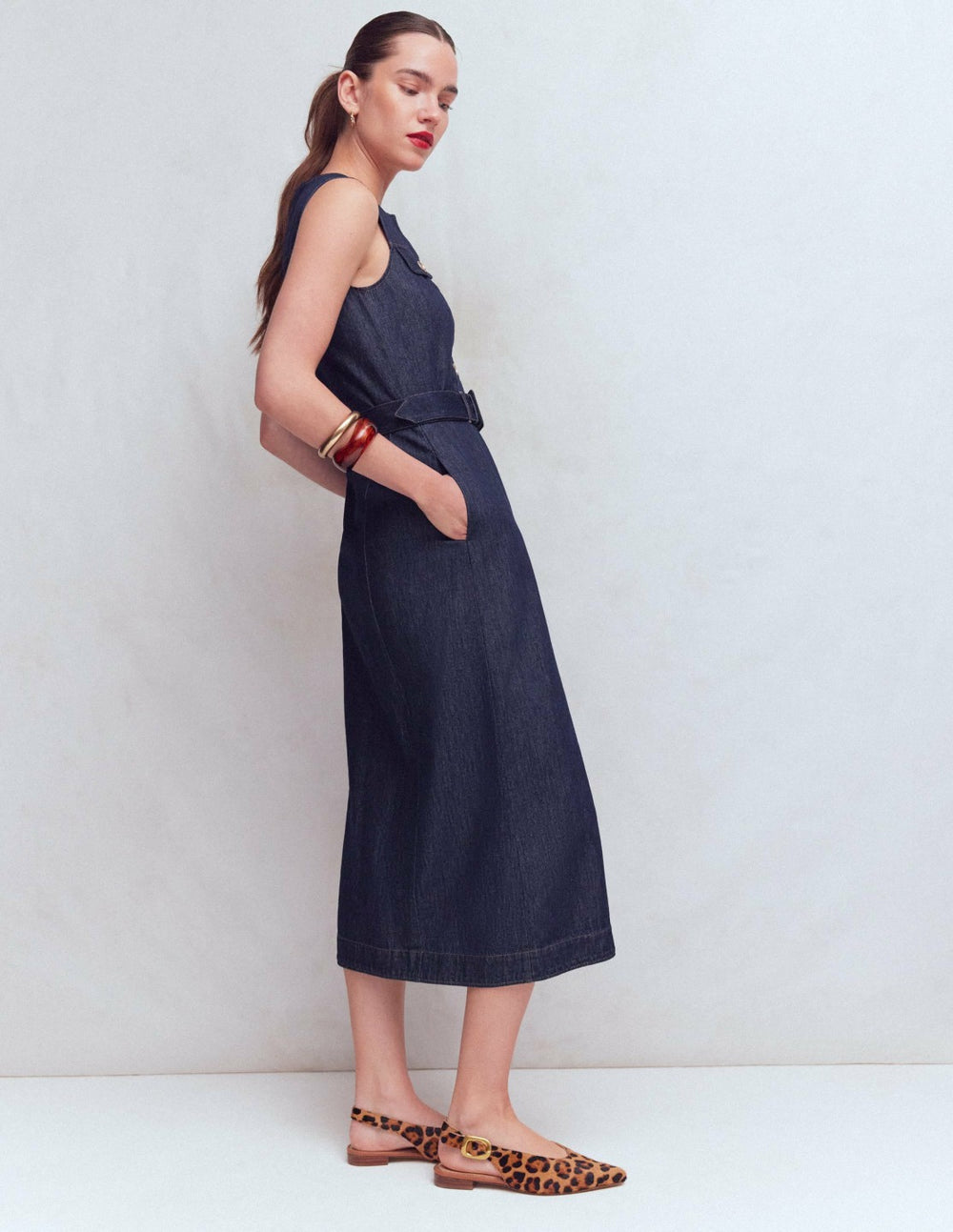 Gold Button Denim Midi Dress-Indigo / Boden Online